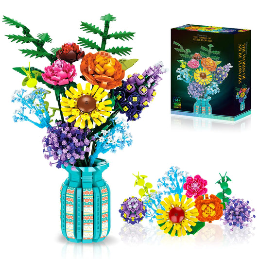 Flowers Bouquet Building Set with Vase 10 Kinds of Botanical